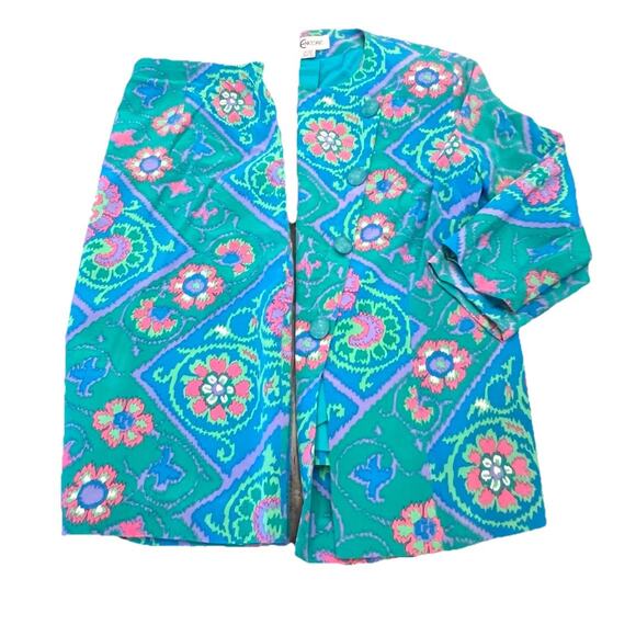 Vintage Encore Hong Kong 100% Silk Skirt Suit Set M 8-10 Teal Pink Floral - Picture 1 of 13